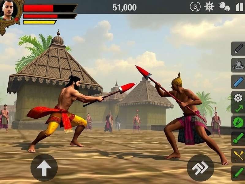 Hindustan Combat King Game Interface showing Indian martial arts combat in a village setting with traditional weapons